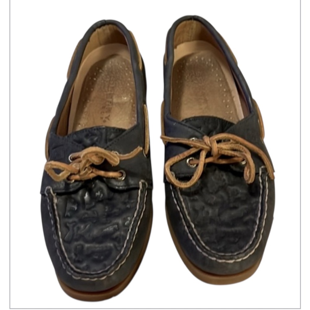 Sperry Woman’s Navy Blue Embossed Leather Whale & Anchor Top Sider Boat Shoes 7